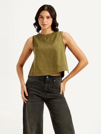 Women's Solid Olive Round Neck Crop Top