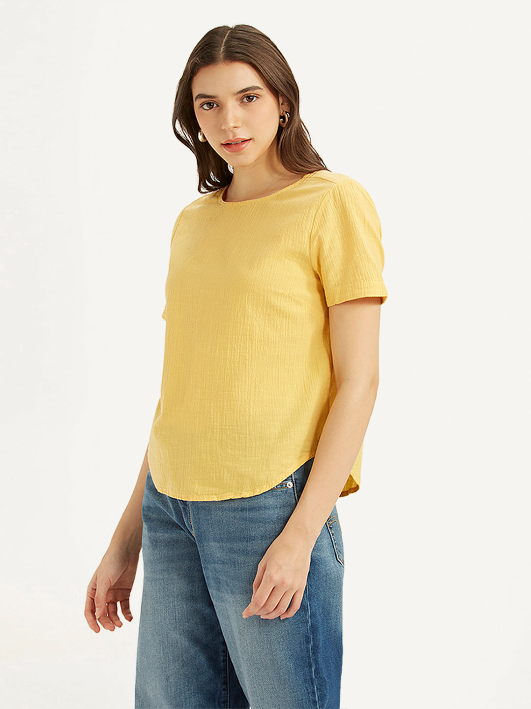 Women's Textured Yellow Round Neck Top - fe1edd40-8ec5-409b-8780-05de4235e8c2 View