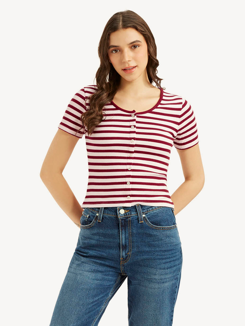Women's Striped Red Round Neck Top - e5b161663a0cfae423ce9654b1e49539 View