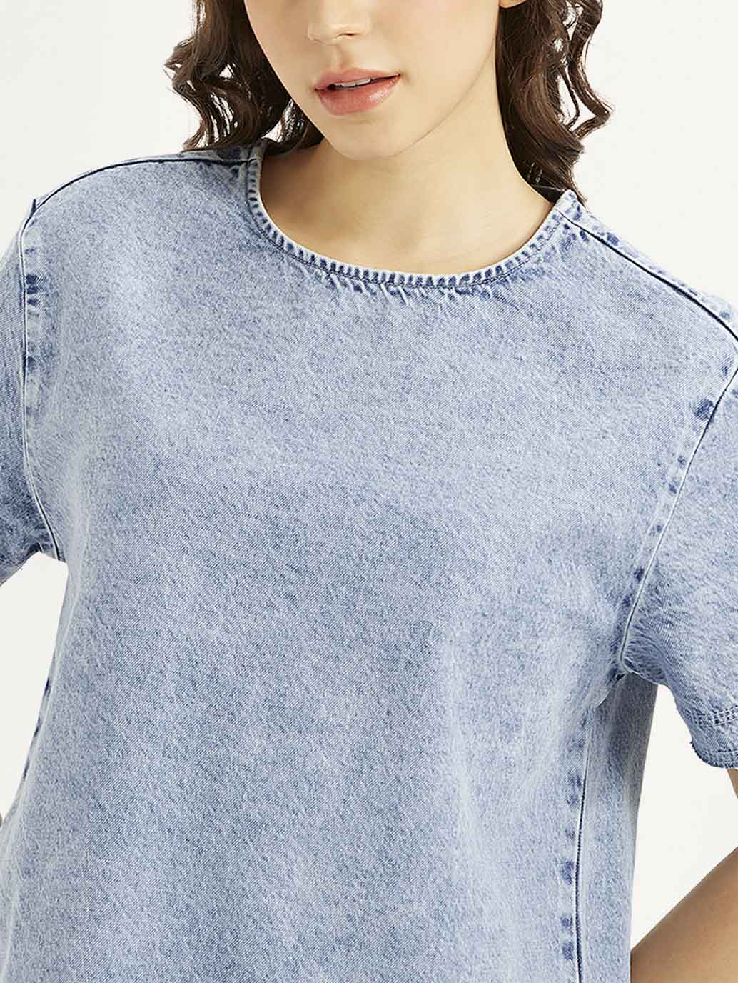 Women's Solid Light Blue Round Neck Denim Top - e982cfa62c9cda0dd3fe1328c0f179d7 View
