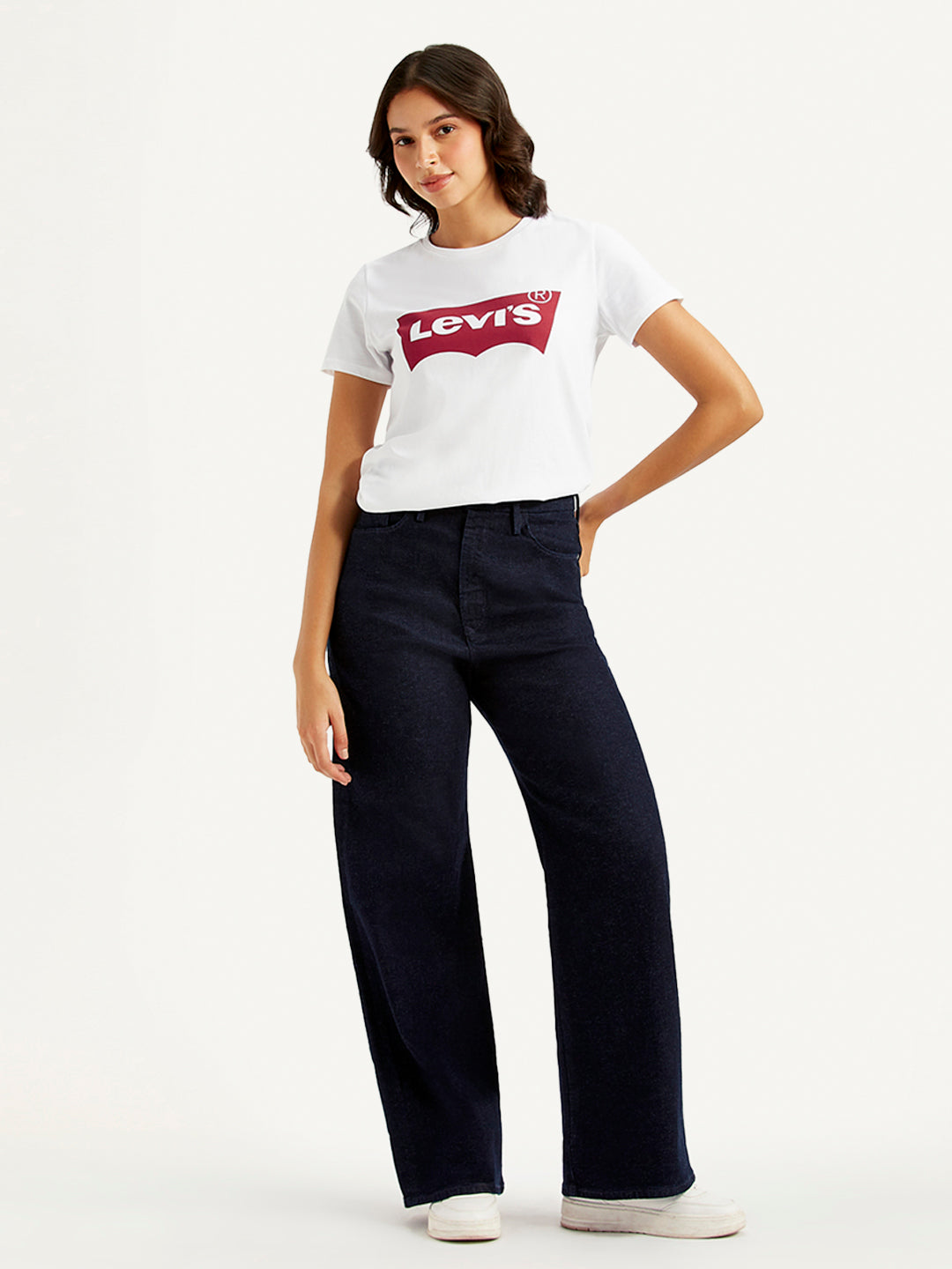 Women's Navy Blue Ribcage Bell Bottom Wide Leg Fit High Rise Jeans