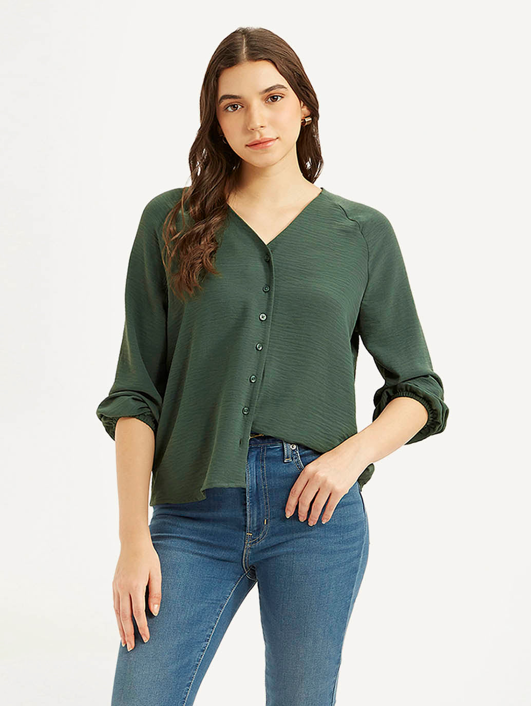 Women's Textured Dark Green V-Neck Top - f186337f61ee52ef2236b03202565fb2 View