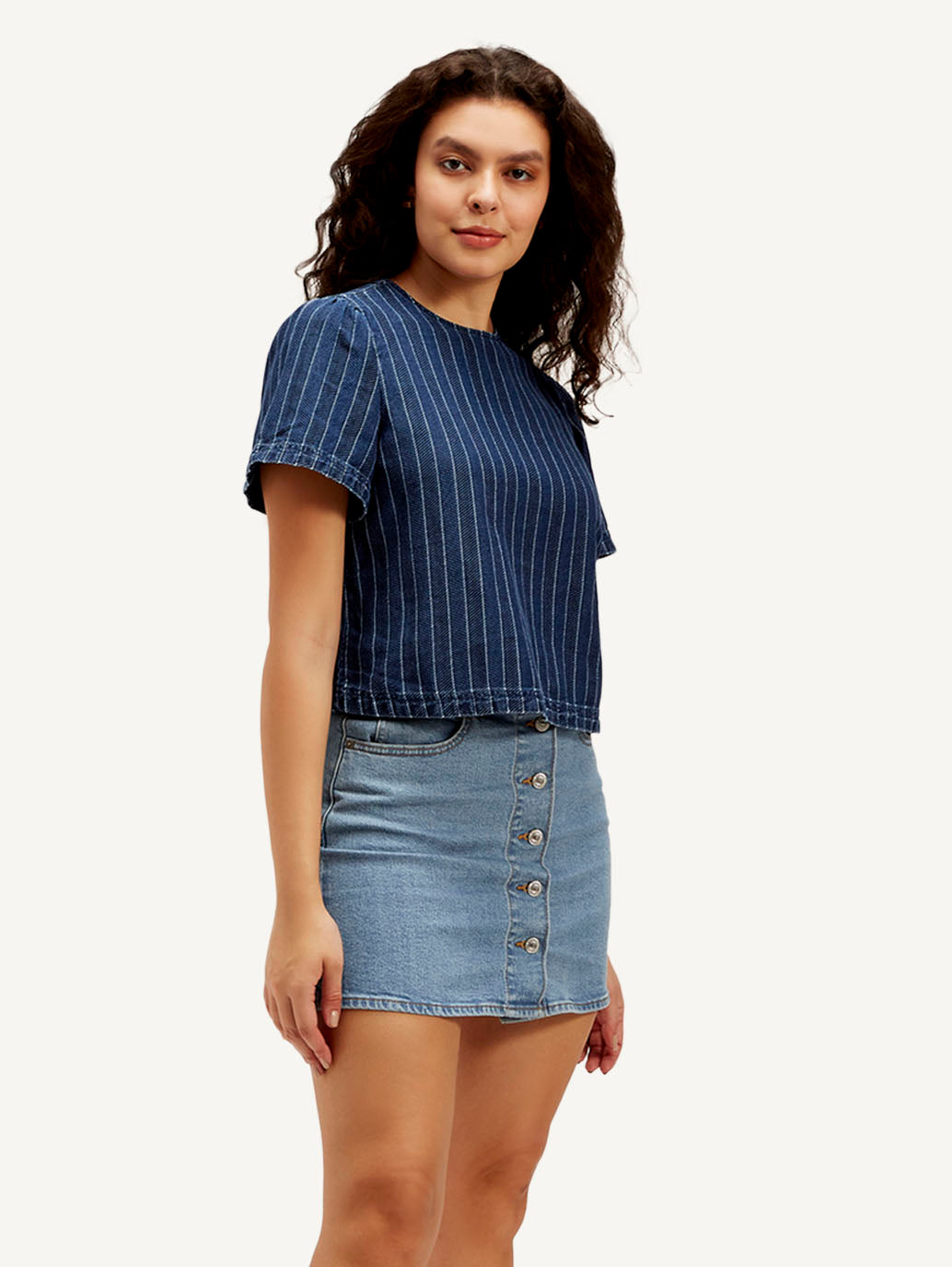 Women's Striped Dark Blue Round Neck Denim Top - f471d89e5bec3ebba6db8eb1cf56dc1f View