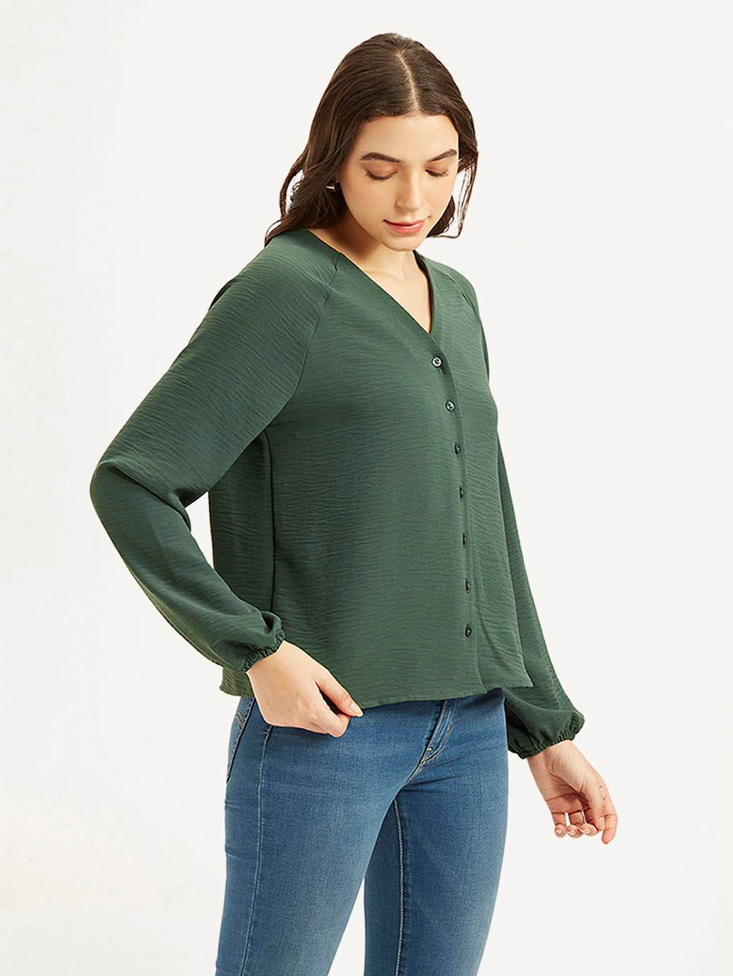 Women's Textured Dark Green V-Neck Top - f5477573fdaa4fd3e398f2d7a6120519 View