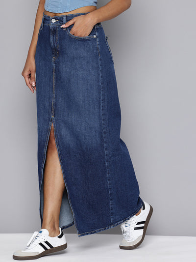 Women's High Rise Dark Blue Slim Fit Skirt