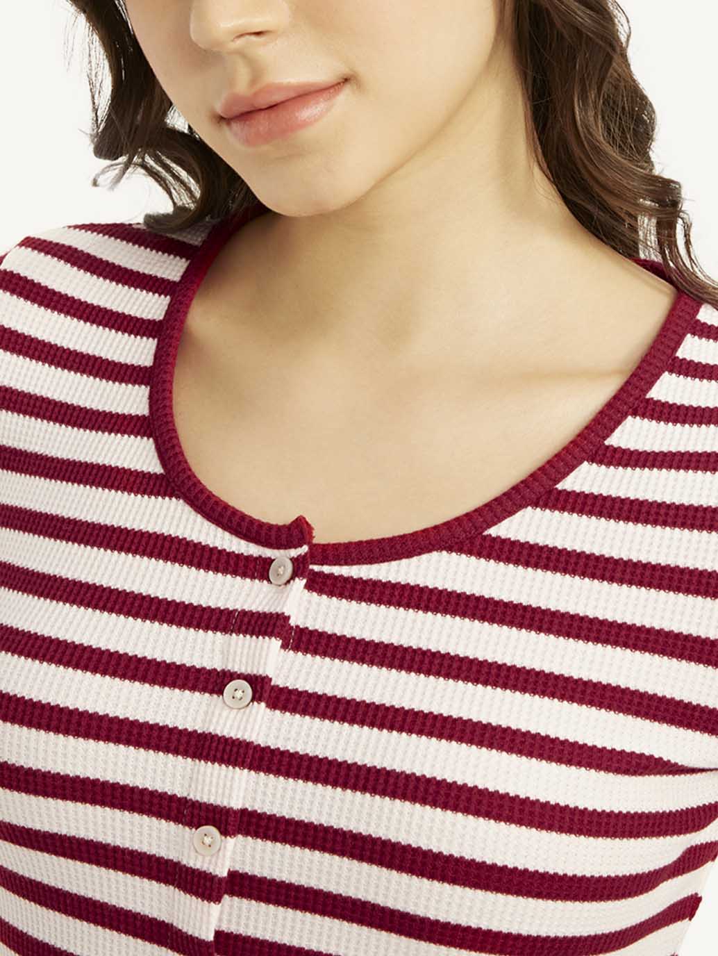 Women's Striped Red Round Neck Top - fa92da092b80b3512829830261d2431a View